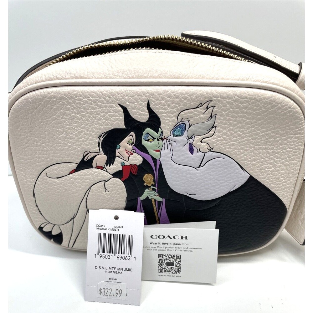 NWT COACH x DISNEY Mini Jamie 3 Villains Motif Leather Crossbody Bag Chalk/Gold - Picture 8 of 8